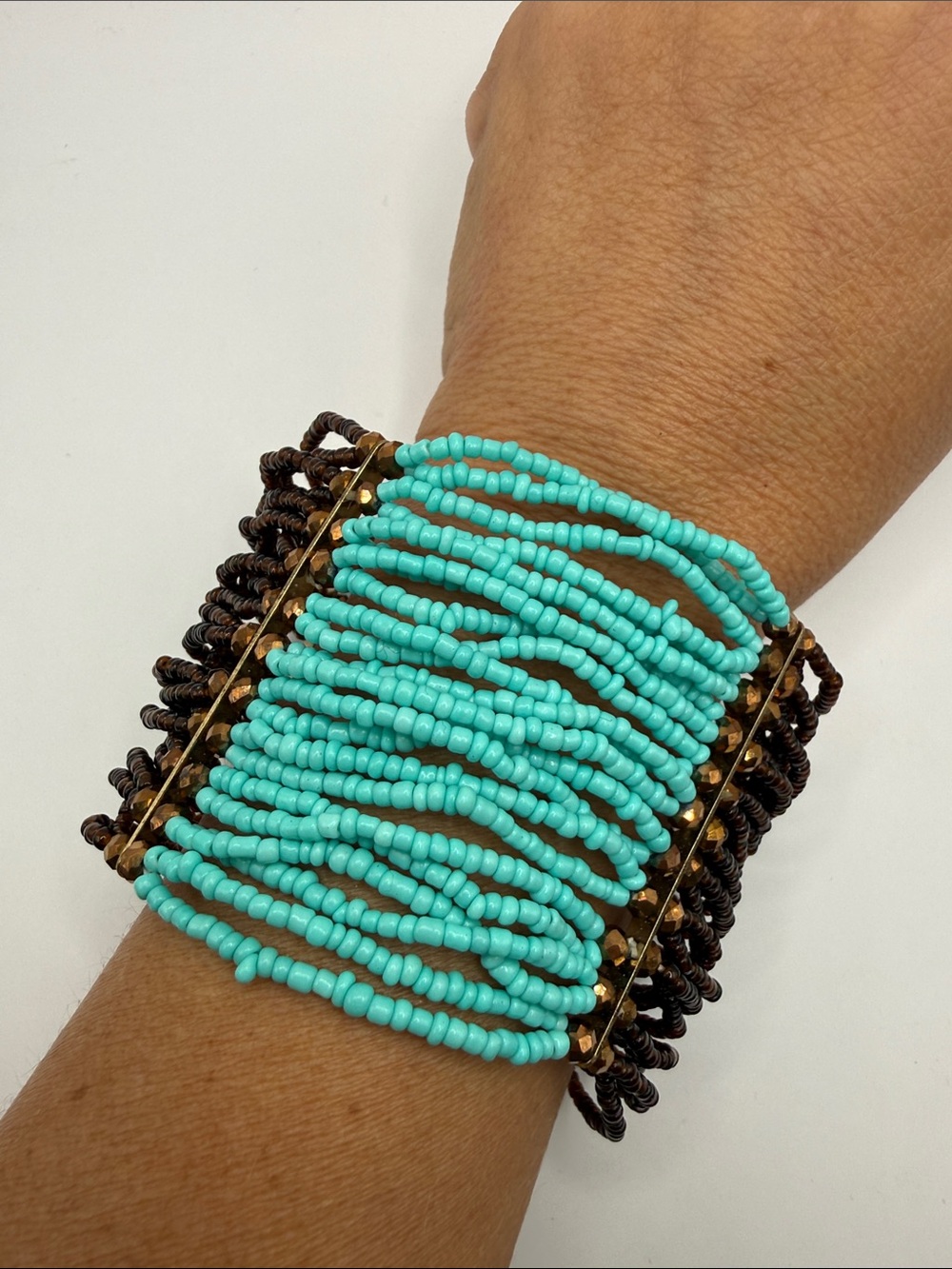 Vintage Turquoise Blue Brown Seed Beaded Large Cuff Bangle Statement Bracelet